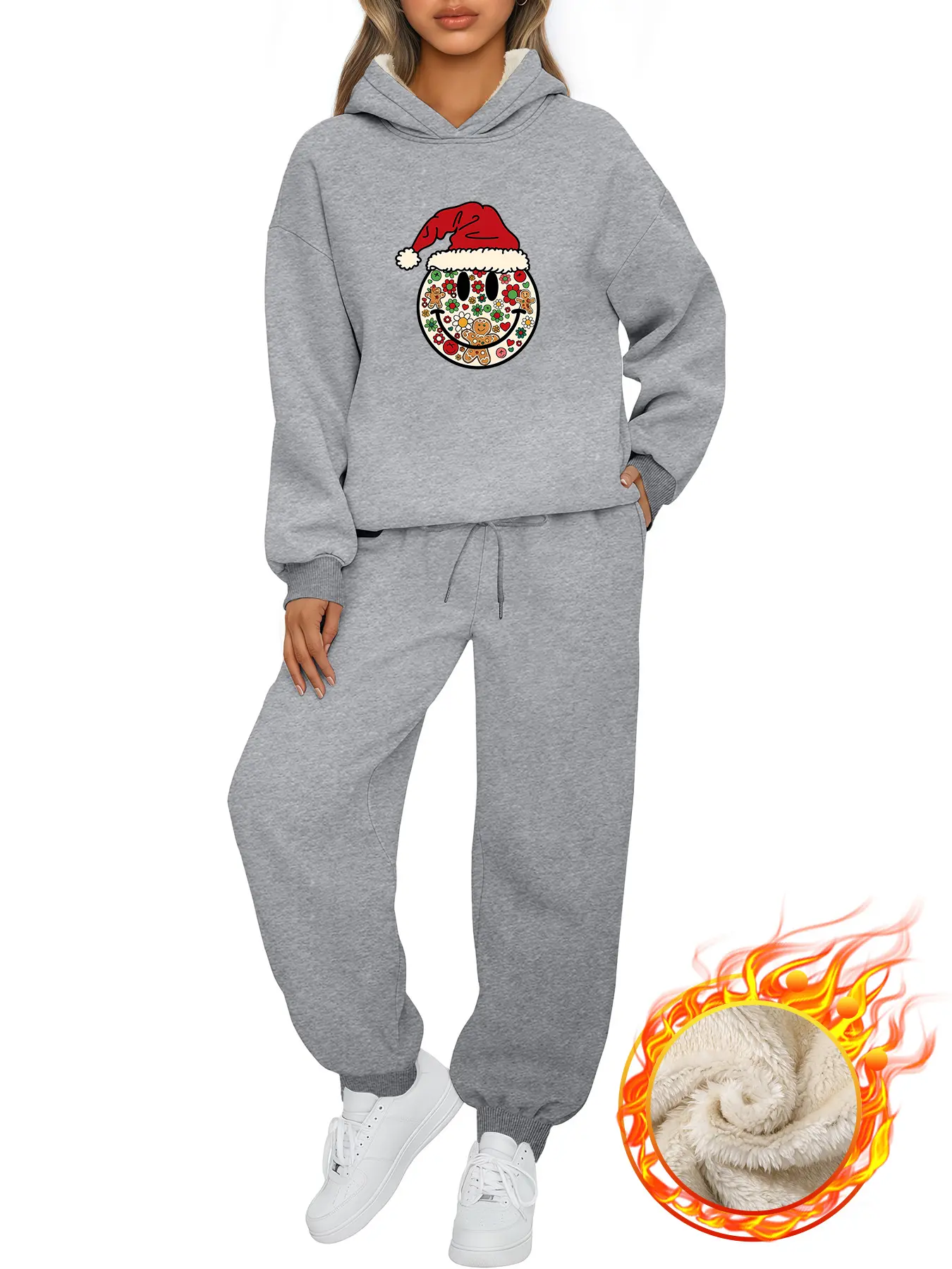 Santa Claus Christmas Hooded Set, Casual Fall & Winter, Warm Fleece Lined Sweatshirt and Pants, Trendy Holiday Style