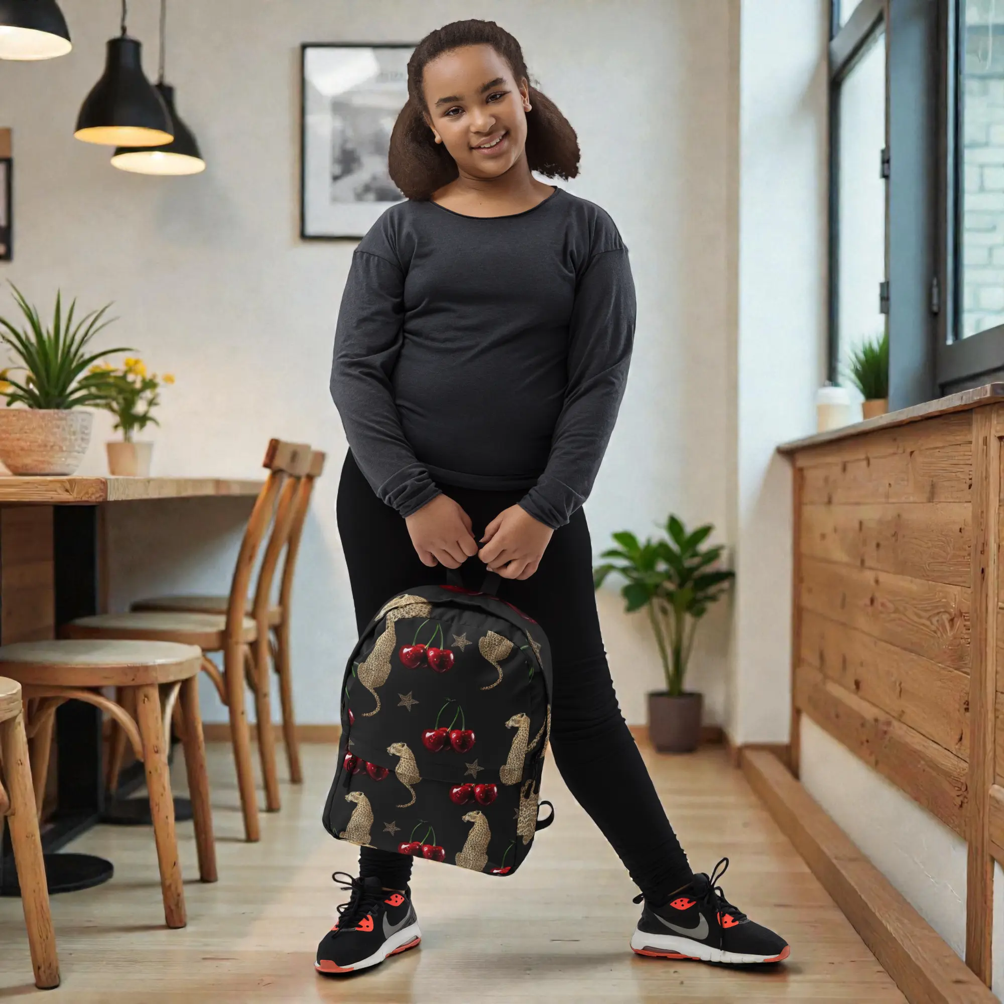Cheetahs & Cherries Backpack - Medium Size, Water-Resistant, 100% Polyester, 15" Laptop Pocket, Zipper Pockets, Ergonomic Straps, 44lbs Limit