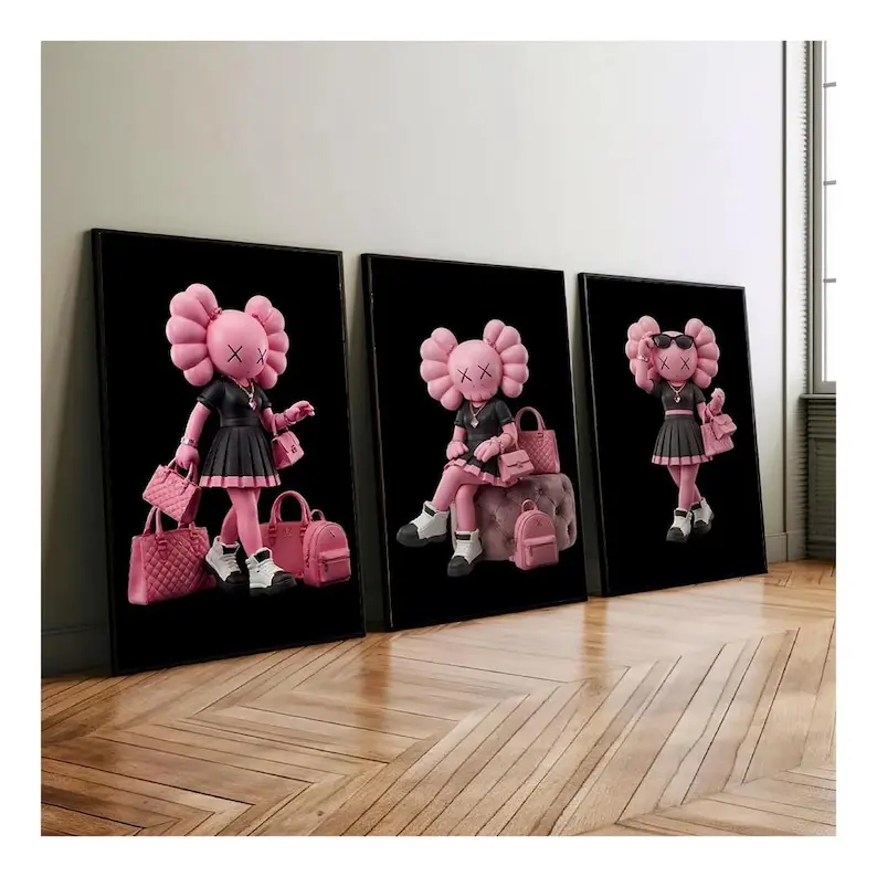 KAWS Graffiti Poster Set of 3,Hypebeast Wall Art,Sneaker Wall Art,KAWS Figure,Minimalist Art,Bedroom Decore,Pink Kaws Toy