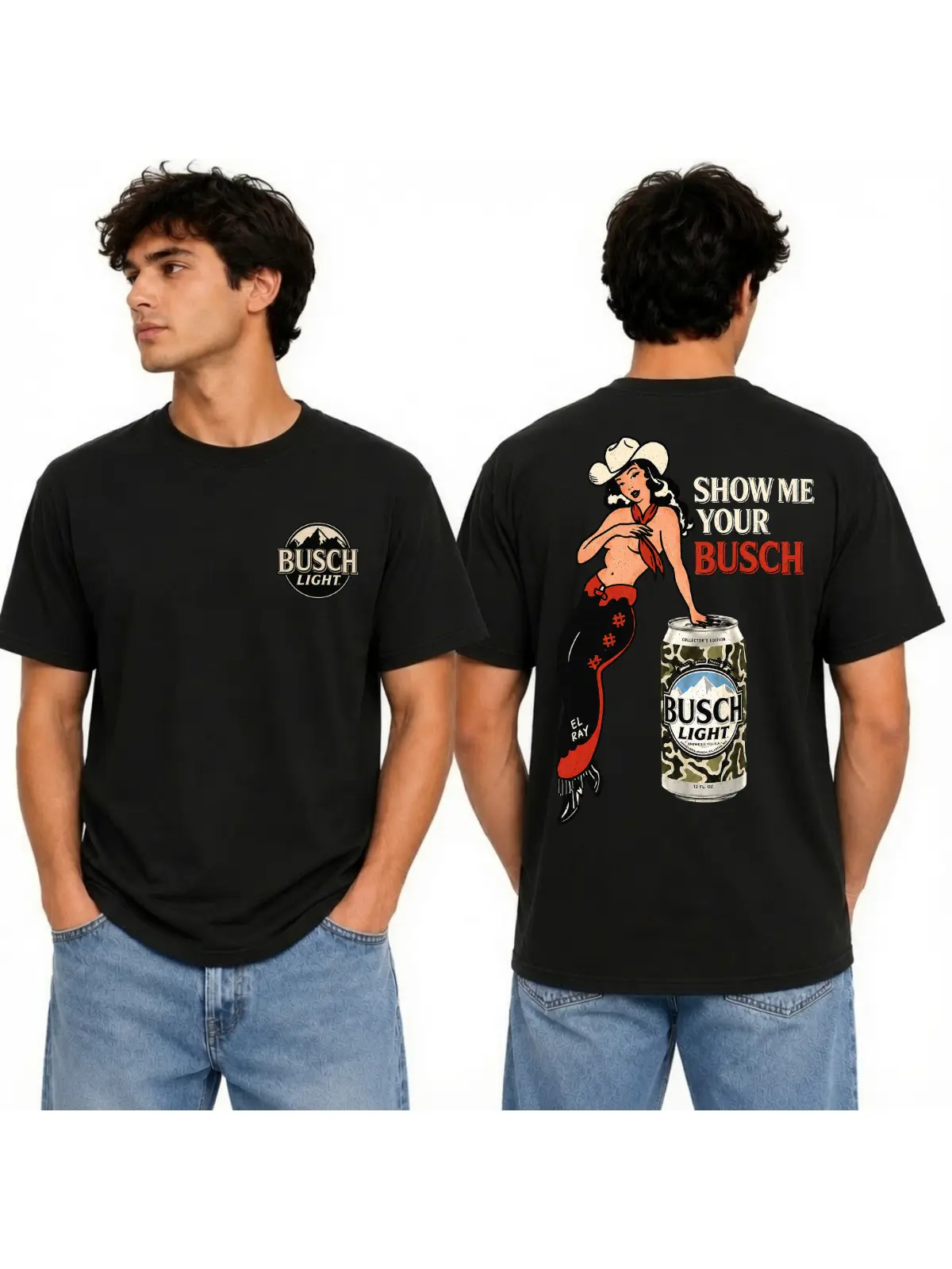 Busch Light Vintage Pin-Up Cowgirl Graphic T-Shirt, Retro Show Me Your Busch Design, Funny Country Western Beer Party Print Unisex Black Tee, Trending Summer BBQ Camo Can Shirt for Men Women, Perfect Gift For Beer Lovers