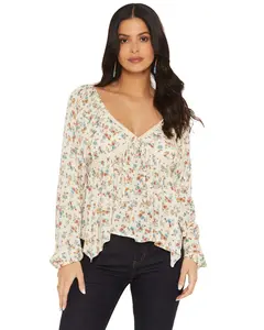 Wild Moss Women's Floral Print Long Sleeve Hanky Hem Top - Ima5850-W1813-Ivy/Trq