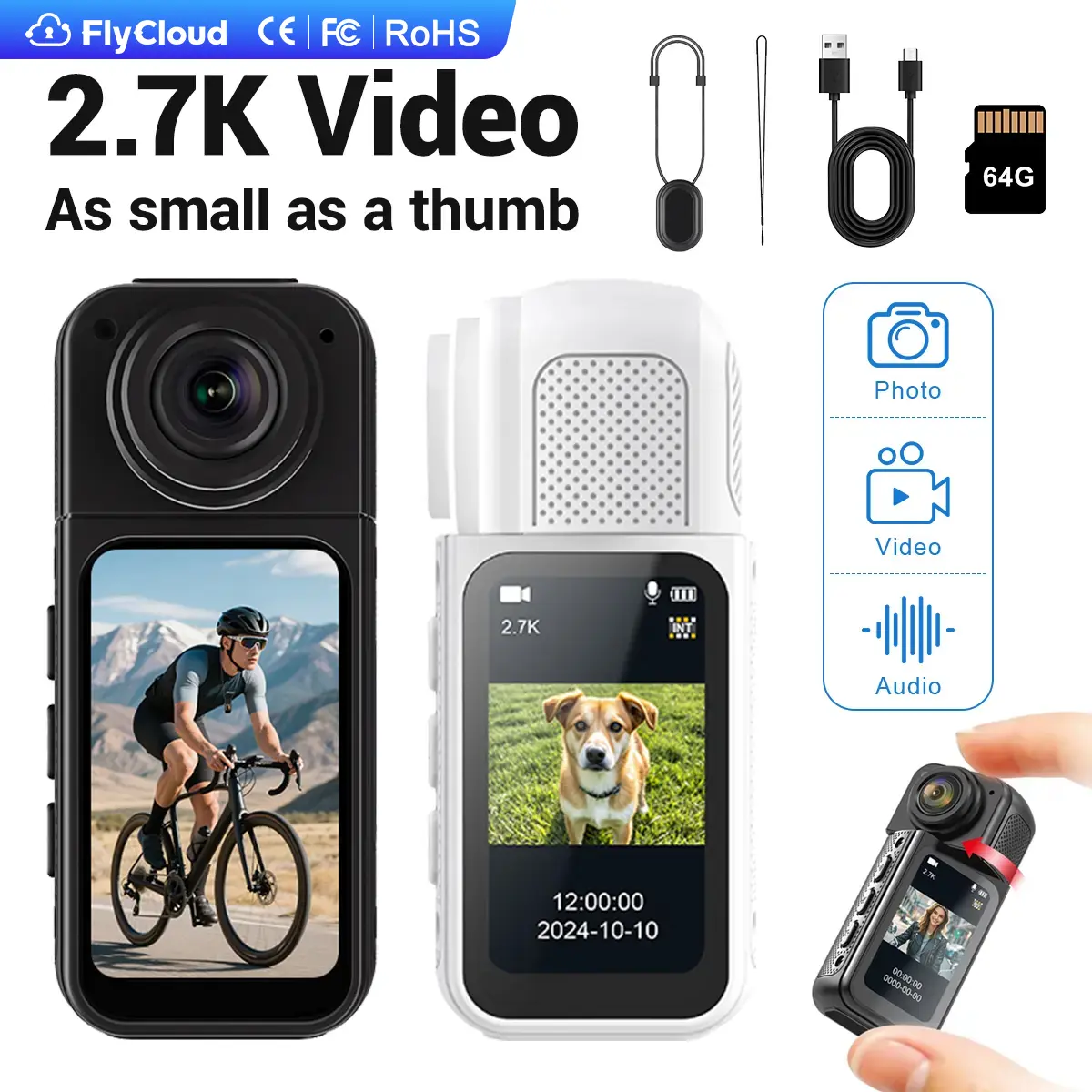 Flycloud S70 Mini Magnetic Wearable Thumb Camera 2.7K HD WiFi APP Control 180° Flip Lens LCD Display Vertical Horizontal Recording for POV Vlog Cycling Hiking Climbing Pet Parent-Child Moments