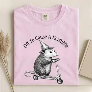 Comfort Colors Off To Cause A Kerfuffle Shirt, Funny Opossum Scooter T-Shirt, Mental Health Tee, Sarcastic Humor Shirt, Animal Lover Gift