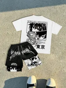 Men's Tokyo Japan Anime Graphic Tee & Double-Layer Mesh Shorts Set, Casual Fitted Cut Short Sleeve Top, Regular Length Streetwear Ready, Menswear Clothes