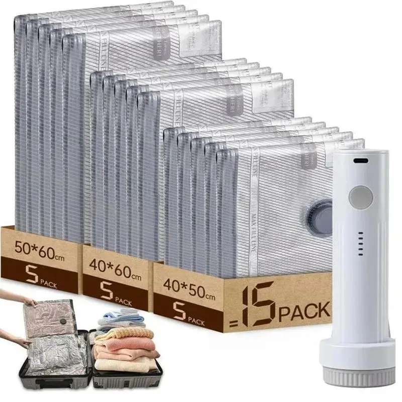 Multi-size under-vacuum compression bags with a rechargeable air pump—convenient and space-saving for travel or home storage.