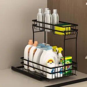 Under Sink Organizer 2 Tier Pull Out CabinetOrganizer SlideOut Sink Shelf & Cabinet Organizerfor Kitchen BathroomCabinet Installation OrganizingSystem