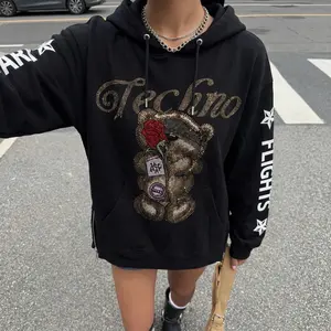 TCH - B: RARE TECHNO BEAR OVrsied -Bling Hoodie I Y2K Cyber Grunge AestheticI Rhinestone Details & Side Zippers