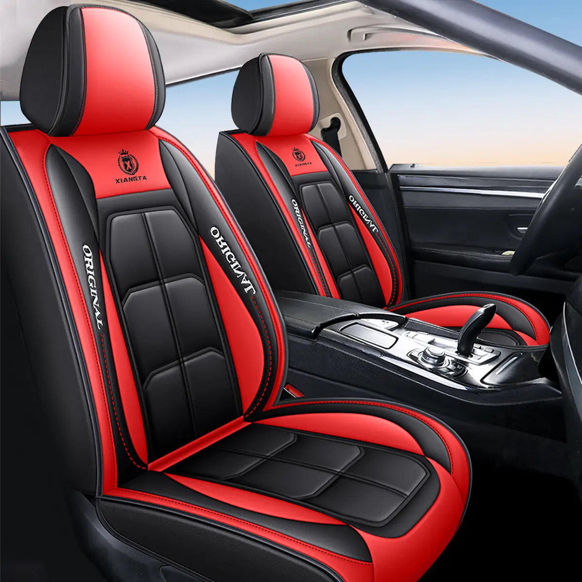 XIANGTA Luxury Leather 5-Seater Car Seat Covers, Universal Safety Airbag Interface, Waterproof Easy-Clean Interior Replacement, Full-Set Black for Trucks, Black-Blue Stitched Cushions with Red Stitching Decor, Car Seats Cover