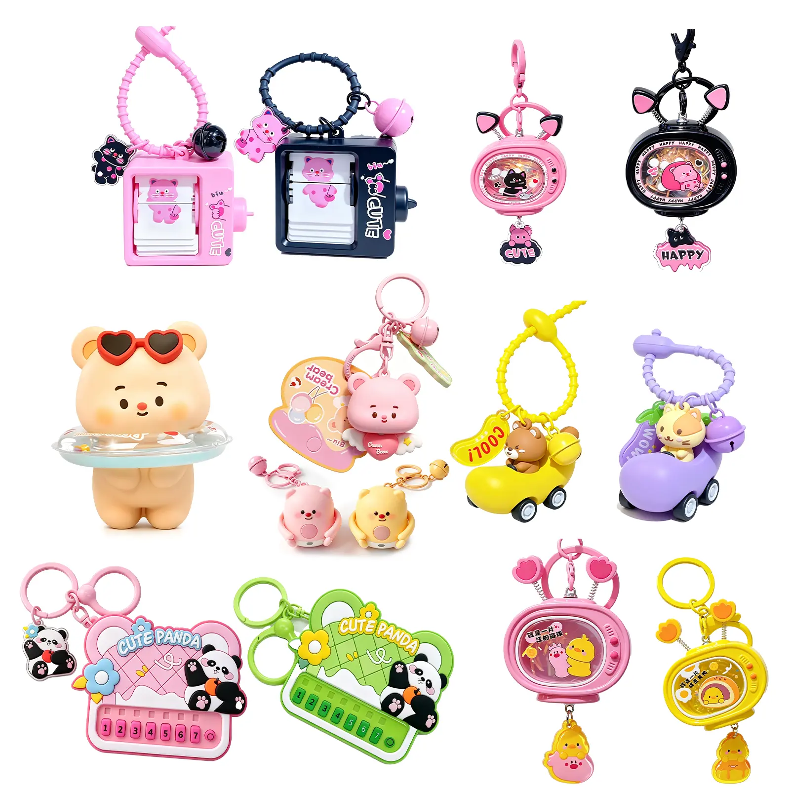 12Pcs Cartoon Glitter Keychain with Bell, Cute Kawaii Key Ring Accessory for Backpacks, Purses & Car Keys,Gift for Girls&Boys,Birthday gift for friends