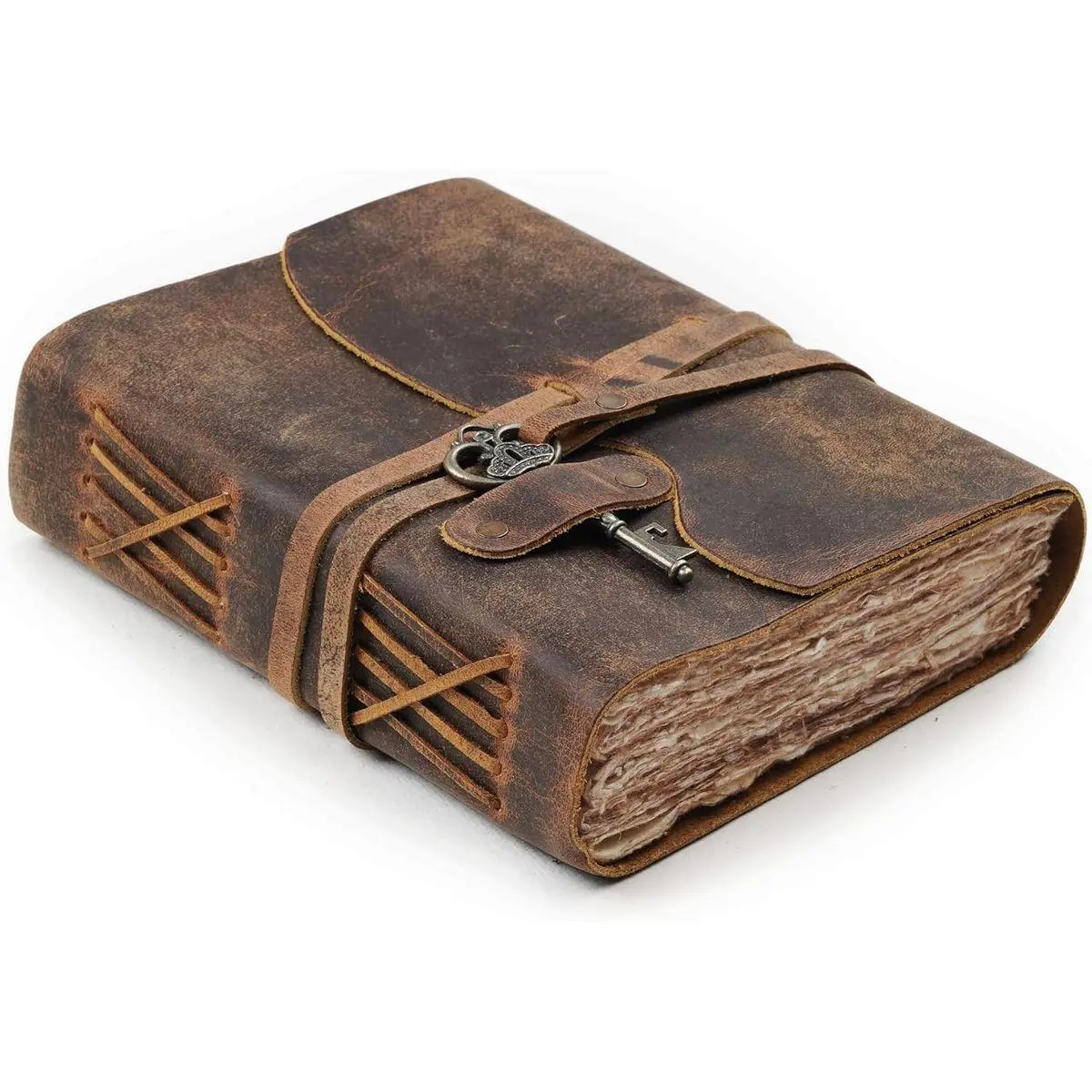 Vintage Leather Journal – 200 Handmade Vintage Deckle Edge Paper – Leather bound Journal For Women Men – Vintage Key Closure - Book of Shadows - Cappuccino Brown - 6X4 inches (A6)