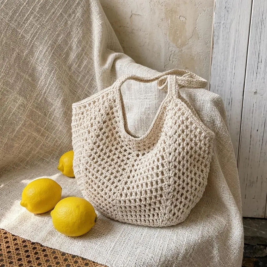 Women's High-Capacity Crocheted Cotton Thread Hollow-Out Handmade Lightweight Tote Bag - Casual Basic Hangable Beach Girl Aesthetic Boho Accessory for Summer 2026, Daily Commuter Tote, Holiday, Pairs With Linen Dresses, Chic, Handmade Crochet, Oversized C
