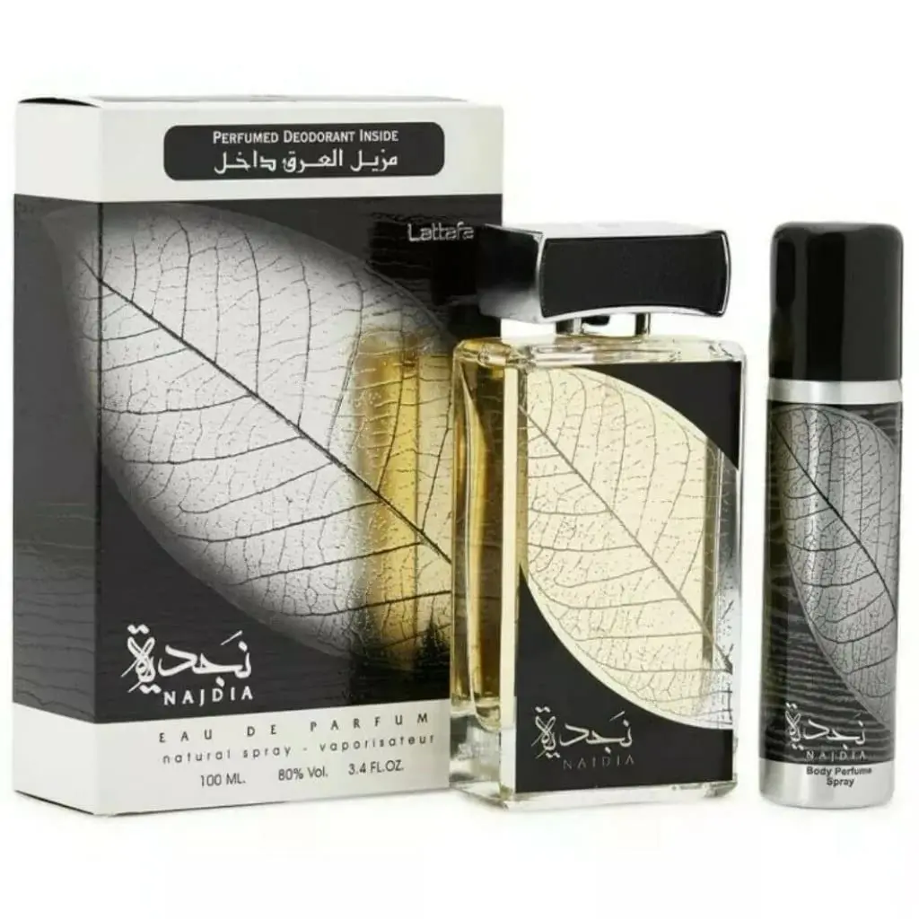 Lattafa Najdia 2 Piece Set for Men (3.4 Ounce Eau de Parfum Spray + 1.7 Ounce Deodorant Spray) Fragrance Perfumes