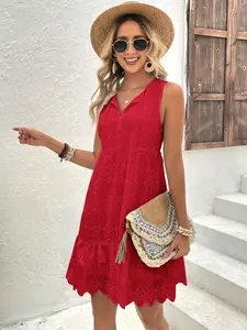 Solid Color Hollow Out Embroidery Sleeveless Dress