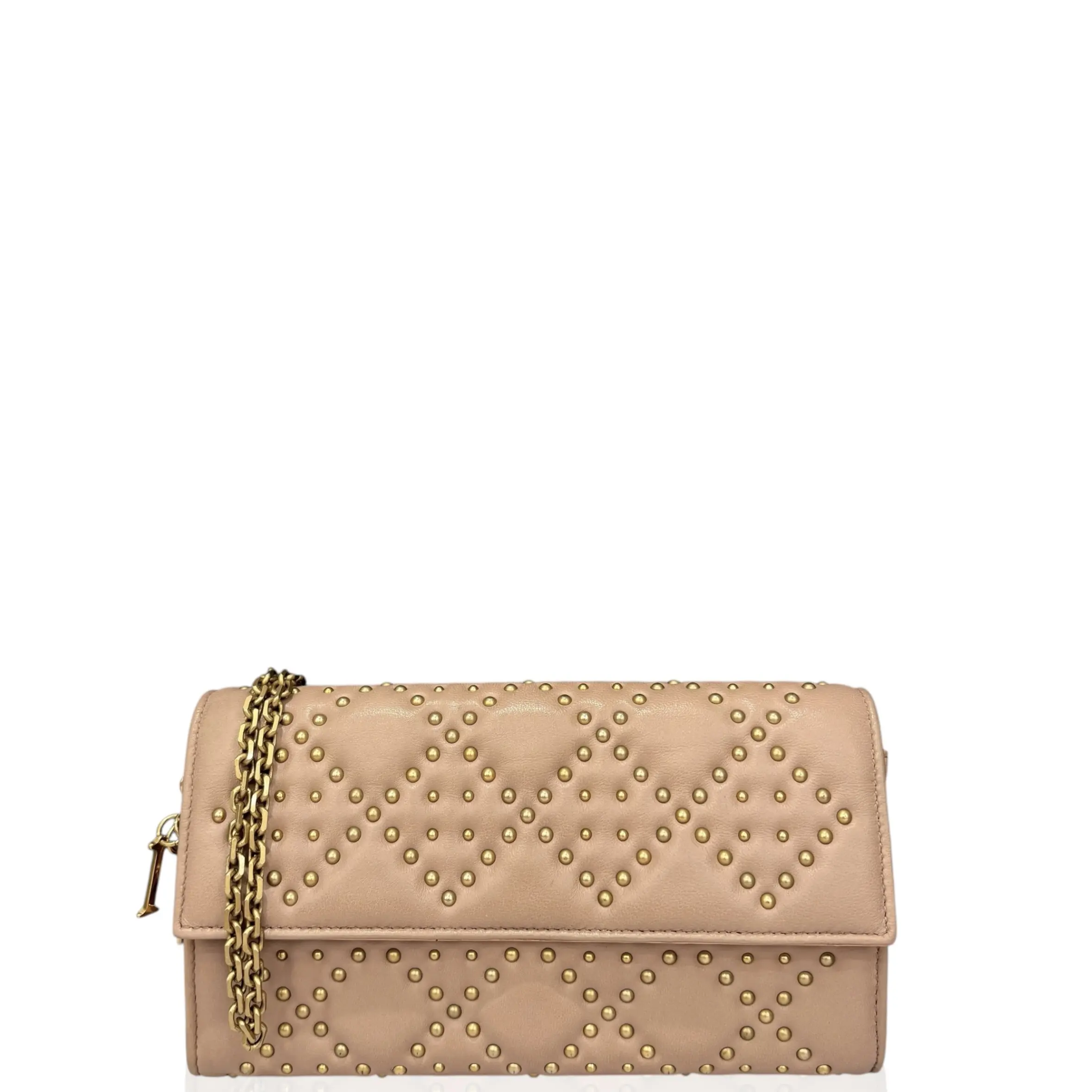 Pre-owned Dior Leather small leather goods Studded Continental Wallet Lambskin Light Tan (ky050926a3)