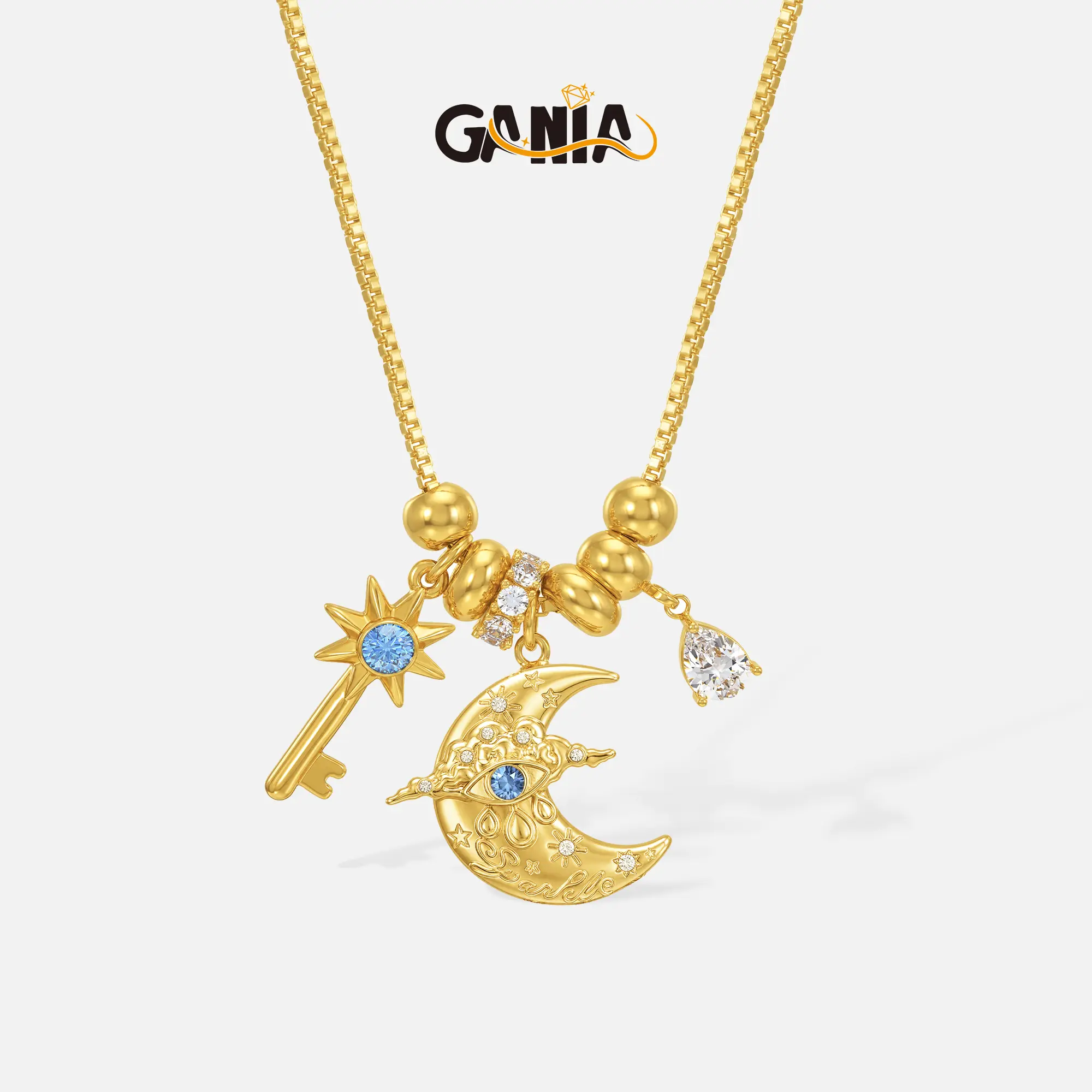 GANIA Gypsy Collection Crescent Moon Multi-Pendant Necklace Evil Eye crescent moon pendant paired with a star-shaped key.This hypoallergenic, stylish women s necklace is perfect for everyday wear and dates,and makes an ideal gift for holidays or birthdays