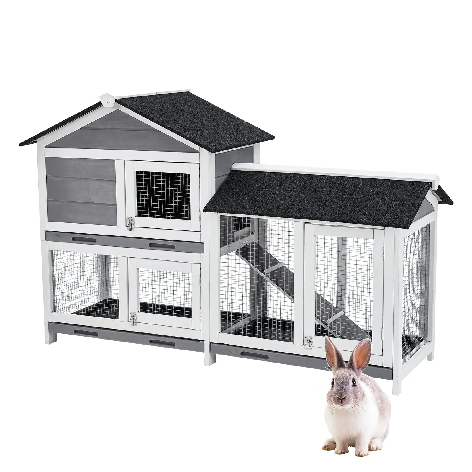 GARVEE Gravee Two Floors 62" Wooden Outdoor Indoor Roof Waterproof Bunny Hutch Rabbit Cage Guinea Pig Coop PET House for Small to Medium Animals with Stairs and Cleaning Tray PET537