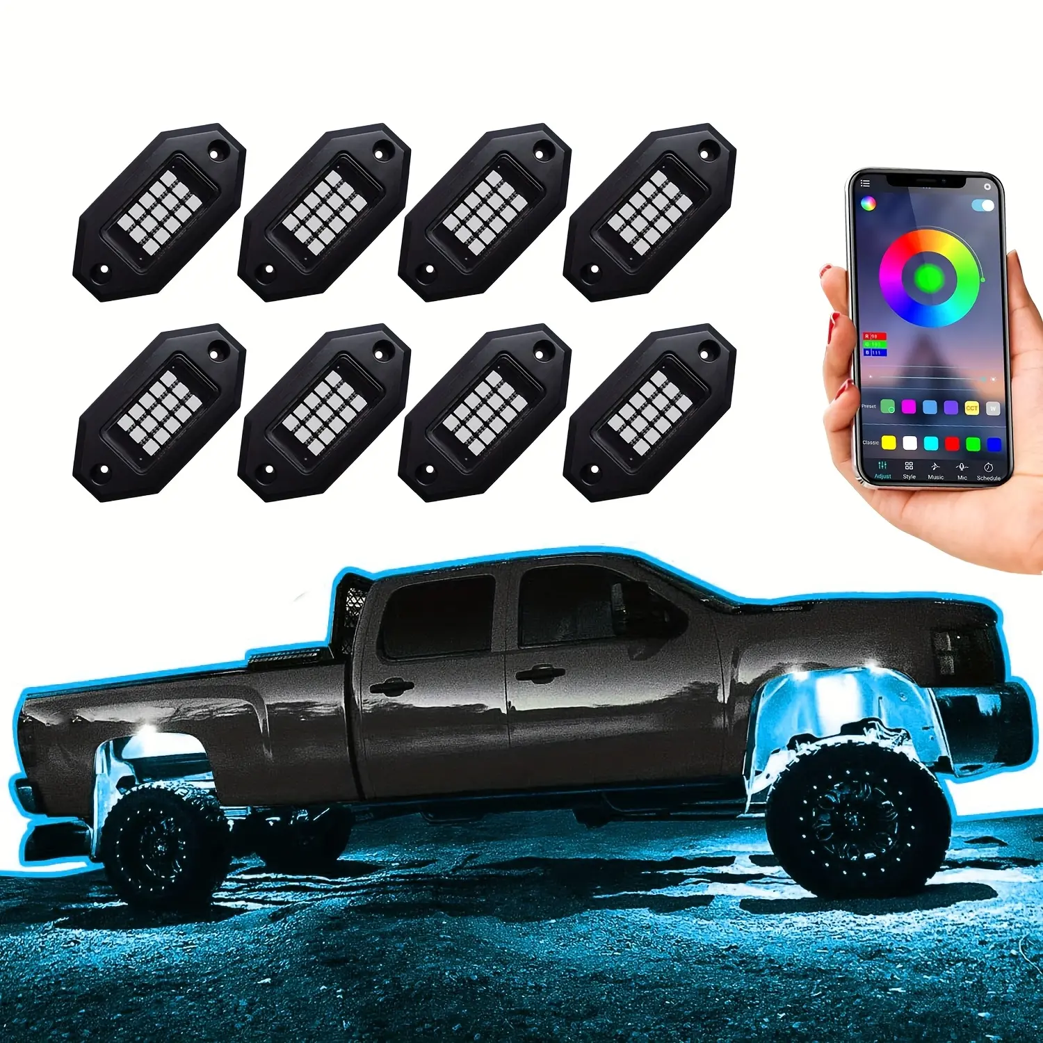 Unionlux RGB LED Rock Lights for Truck Offroad Pickup Trailer Sedan Boat, 4/8/10/12Pods 12V Waterproof APP Control Music Mode Underglow Neon Kit with Extension Wires,  Wheel Well Lights Car Decoration Christmas Lights No Remote Control