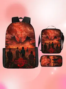 Stranger Things Hawkins Will Fall Print Backpack 3 Piece Set, Lightweight Student Daypack, Lunch Tote, Pencil Organizer