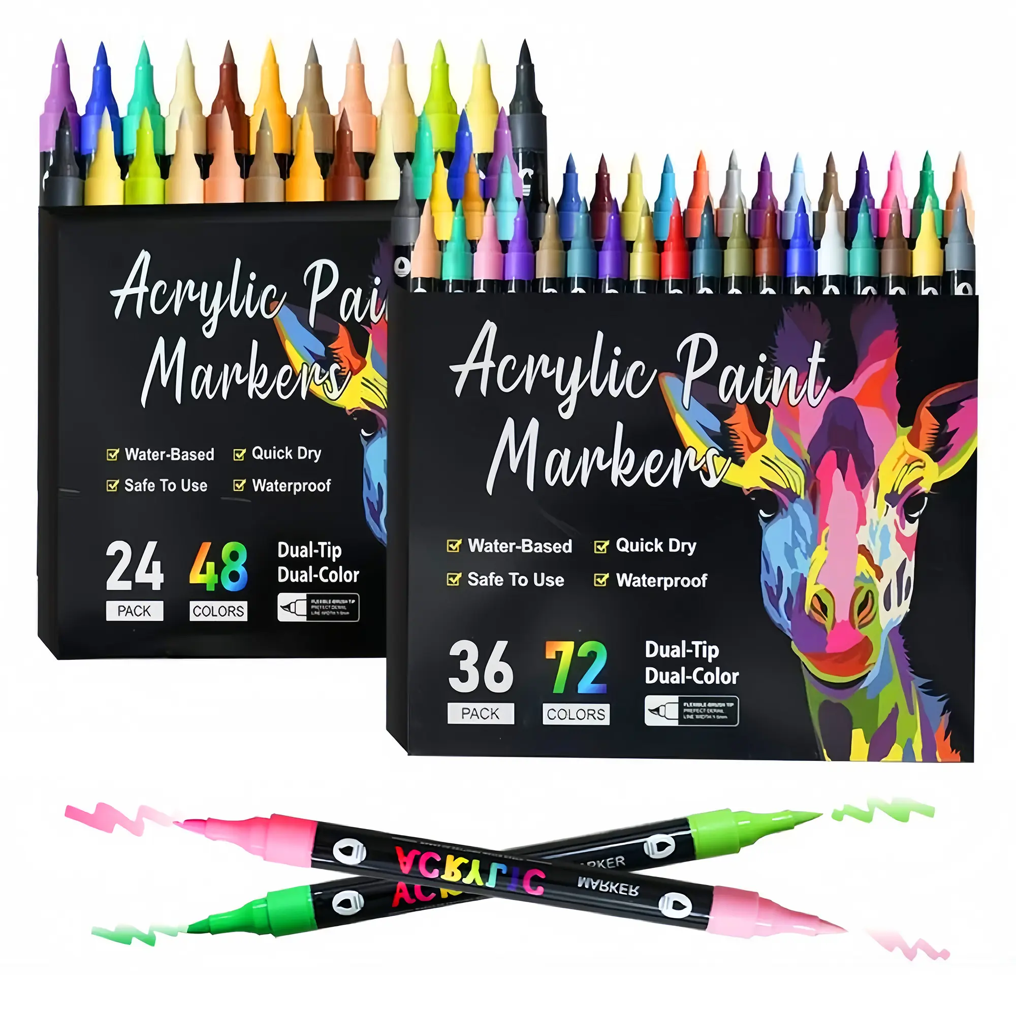 24/48/72 Colors Dual Tip Brush Tip AcrylicPaint Pens Markers, Double Headed DifferentColor Art Graffiti Pen Marker Pen for Lettering and Creative Painting, Rocks, Mugs,Ceramic, Glass
