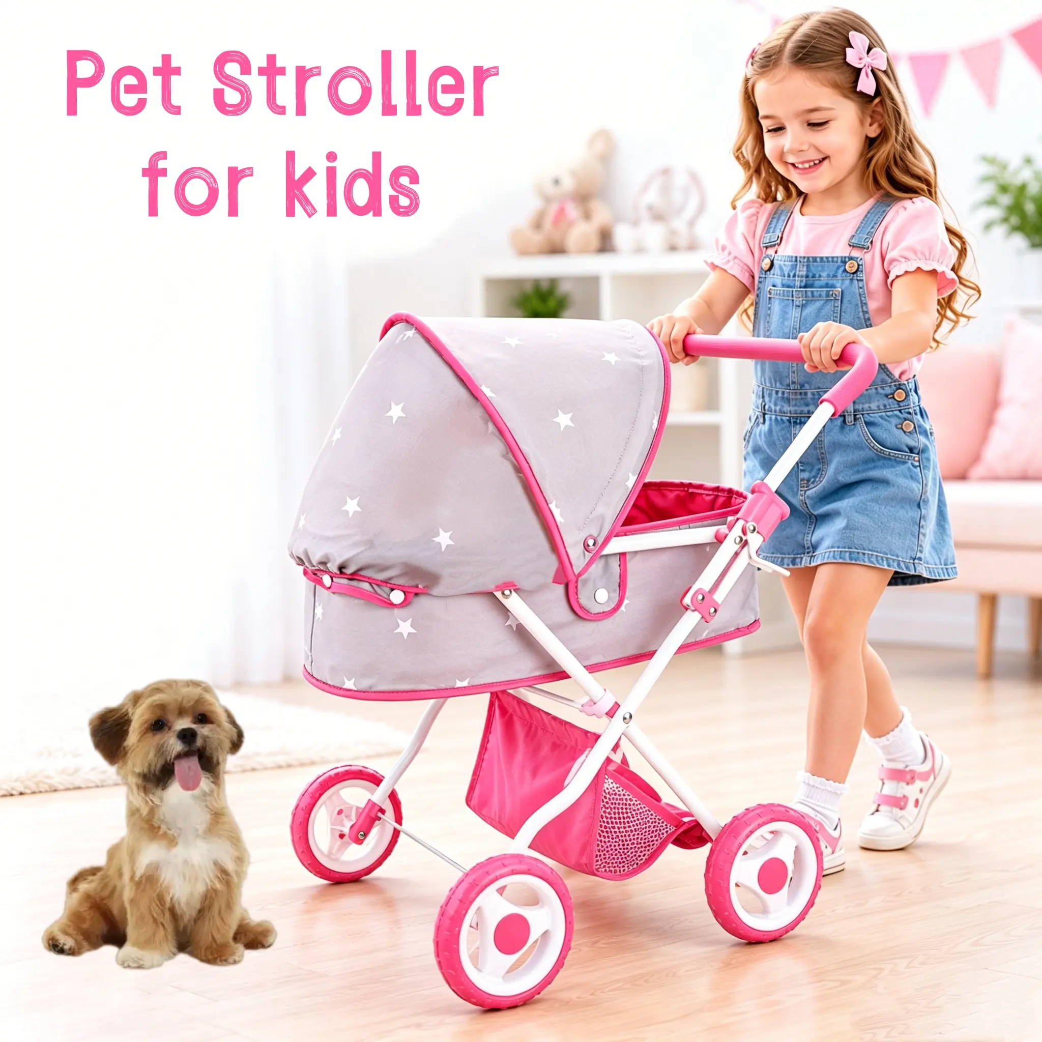Bebamour Portable Foldable Puppy Stroller for Small Dogs & Cats - Detachable Carrier, Canopy, Storage Basket, Smooth Wheels, Pink