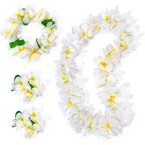 4 PCS Hawaiian Lei Set, White Luau Wreath Garland Hawaii Leis Flower Headpiece Necklace Bracelet Birthday Holiday Party Favor