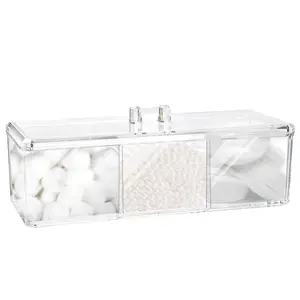 Square Qtip Holder Dispenser, 3 Compartments Cotton Ball Holder, Bathroom Canisters for Cotton Swab, Ball, Cotton Pad Organizer, Clear Acrylic Containers with Lid for Bathroom Vanity Countertop Box Boxes