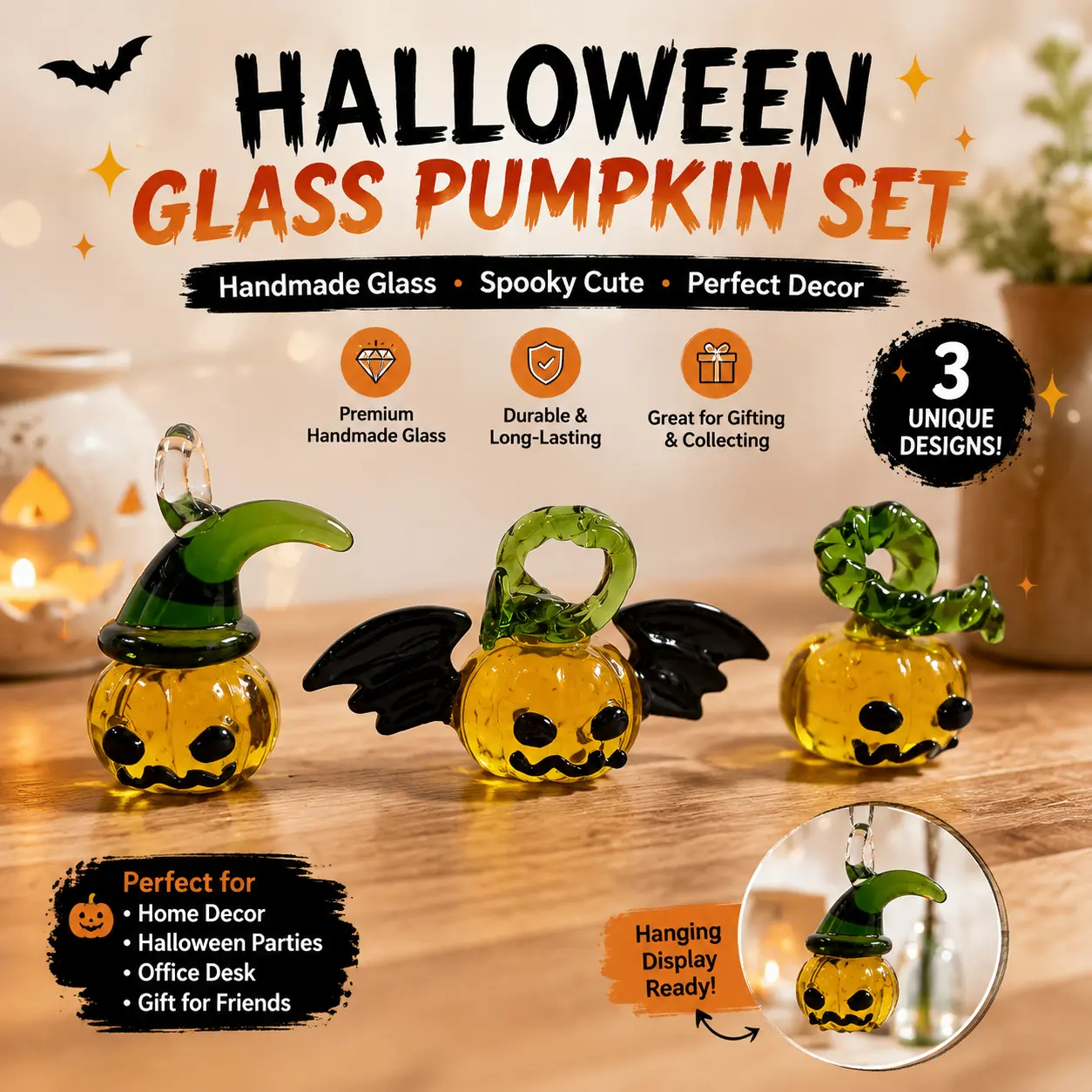 Tiny glass pumpkin charms for Halloween
