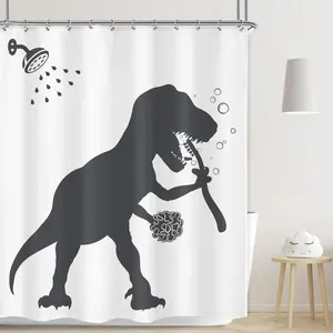Funny Dinosaur Shower Curtain Dino Skeleton Shower Curtain for Kids Men Women Adults Teen Boys Girls Gift, Trex Raptor Silhouette, Fun Black White Cartoon Animal Shadow Bathroom Accessories Art Home Decor