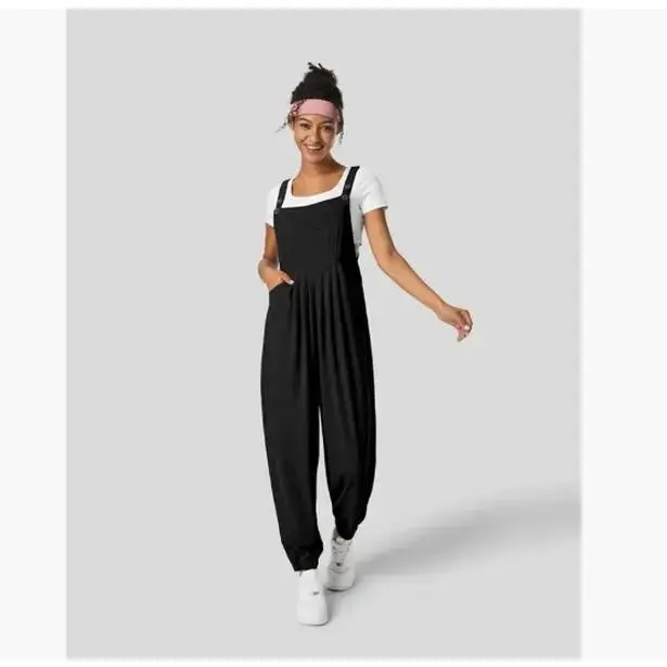 Women's Fitted Plain Korean Style Stretch Waffle Knit Jogger Overalls - Elastane-Polyester Blend Casual Jumpsuit with Adjustable Straps, Pockets, Button for All Seasons, Turn Garment Inside Out, Pleated Waffle, Strappy, Multi-Pockets, Two-Way Stretch