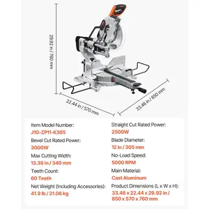 VEVOR Sliding Compound Miter Saw, 12-Inch Blade, 15 Amp Motor, 60-Tooth, Corded Double Bevel Sliding Miter Saw, LED Precision Alignment, Angle Adjustable, for Wood, Composite Decking, Laminates