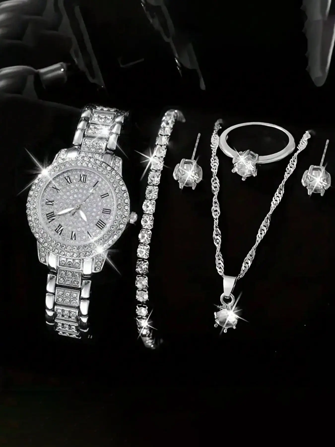Luxurious Four-Piece Set! Watch + Bracelet + Necklace + Ring, Light Luxury Full Diamond Jewelry Set, Elegant Noble Style Versatile Set, Matching Jewelry Set, Jewellery Gift Set