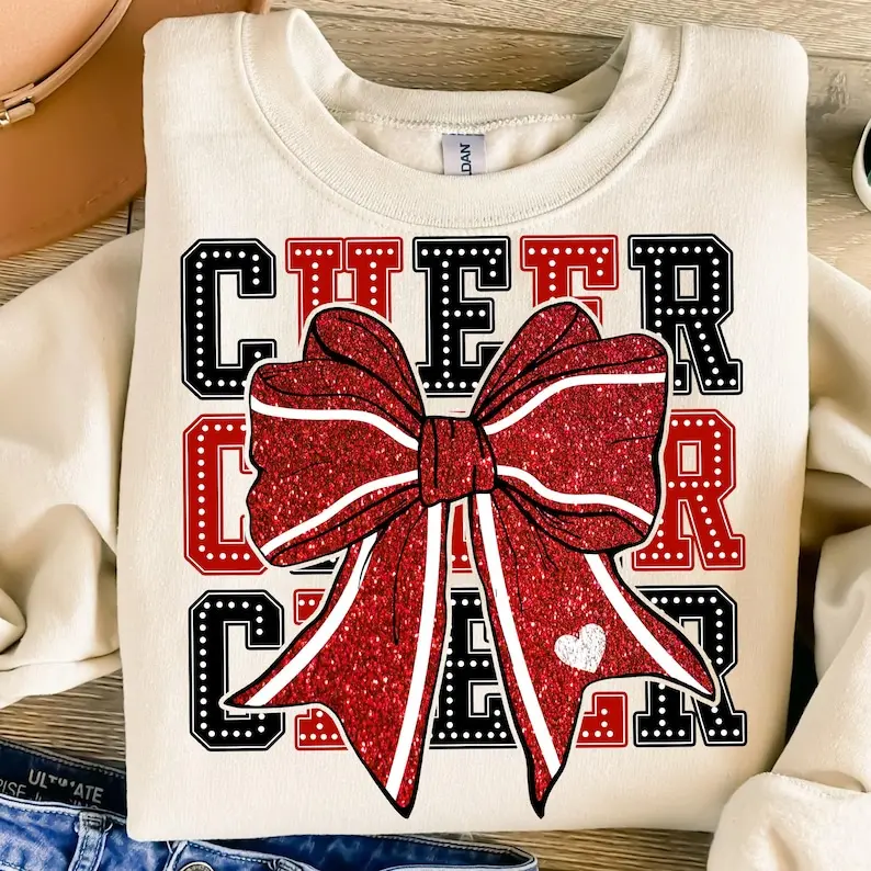 Cheerleading sweatshirt, Coquette Cheer sweatshirt, Black and Red, Cheer Mom sweatshirt, Cheer sweatshirt, Digital Sublimation , Custom Cheerleader sweatshirt
