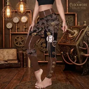 Women's Steampunk Retro Comic Print Gothic Leggings Capris Pants - Polyester Elastic Fitted Stretch Fabric, Plus Size S-4XL, Casual Comfy Leggings, Goth Costume for Halloween Cosplay, Plussize