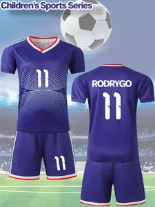 2 pieces of color-blocked jersey number 11 with name RODRYGO printed boys' short-sleeve soccer jersey V-neck T-shirt and shorts set, suitable as comfortable and well-fitting sportswear for boys.
