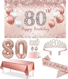 Rose Gold 80th Birthday Decorations Party Set for Women with Banner Tablecloth Sash Tiara Cake Topper Balloons Gift Baskets Pearl white elephant gift ungrateful kids gifts gifts for boyfriend