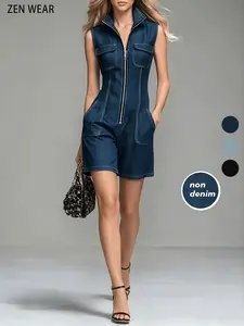 New Summer Women's Sleeveless Zipper Collar Romper Jumpsuit, Slimming Casual One-Piece Shorts, Non-Denim Fashion for Spring & Summer