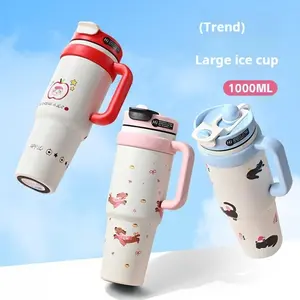 Giant Vacuum Cup for Girls 1000ML High-Value Large Capacity Ice-Cool Cup with Cute Pattern New Style Water Mug Portable Tumbler Drinkware Leak Proof Insulated Stainless Steel Thermos Trend Large Ice Cup