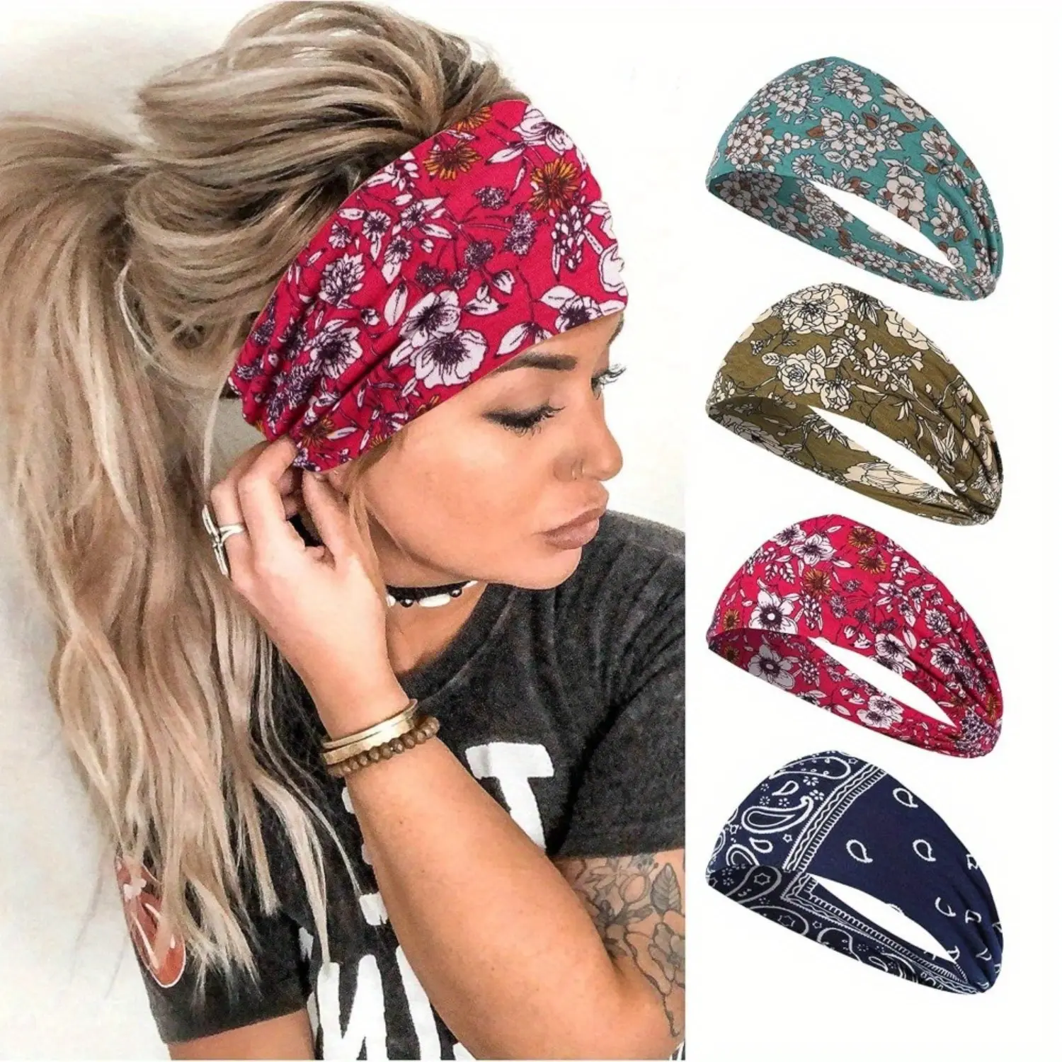 Boho Style Print Hair Band, Summer Outdoor Sport Running Breathable Antisweat Headband For Women, Girlfriend Gifts,Non-slip Wide Elastic Hair Bands soft cotton cloth stretchy headband soft elastic hair band clothing exercise floral print sport headband Su