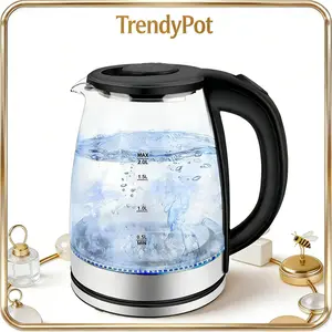 Hot Water Boiler,2L Electric Tea Kettle, Wide Opening Hot Water Boiler with LED Light, Auto Shut-Off & Boil Dry Protection, Glass Black with Removable Lid,Drip-Free Spout Kitchen Outdoorfun Household Appliances Heaters