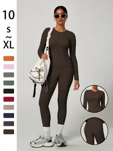 Women's Plain Long Sleeve Top & Pants Set, Comfortable Tight-Fit for Yoga Home Gym, Yoga Gym Outfits, Casual Kardashian Style Clothing, Activewear Workout Set