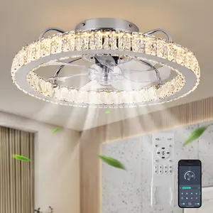LED Dimmable Crystal Ceiling Fan with Light, Reversible 6-Speed Ceiling Fans with Lamp and Remote, Semi Flush Mount Lighting Fixture with Fan