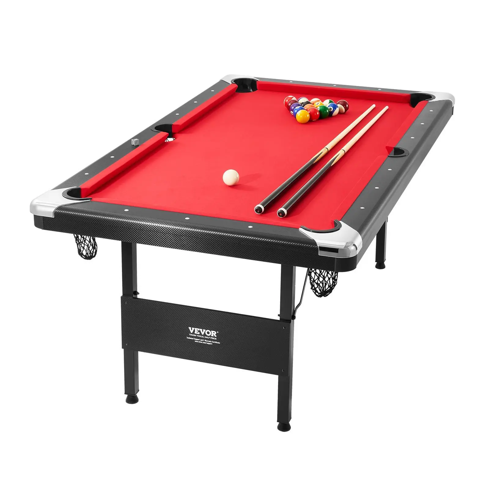 【SummerFinds】VEVOR Billiards Table,  , 6.3 ft Pool Table, Portable Foldable Space-Saving Table, Billiard Table Set Includes Balls, Cues, Chalks and Brush, Black with Red Cloth, Perfect for Family Game Room Kid Adult