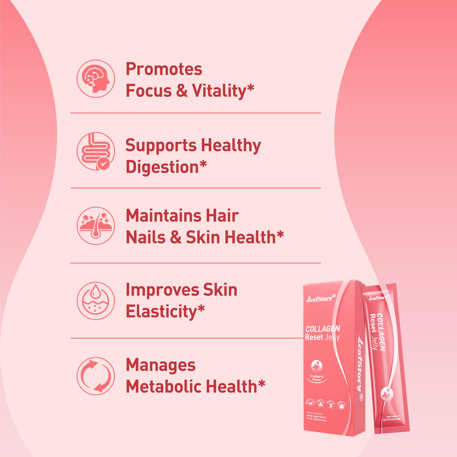 Leafstory Collagen Reset Jelly (2 Sticks): Cranberry Flavor, Collagen, Support Digestion & Gut Health, Skin Elasticity, Hair & Nails, Dietary Fiber, Chia Seeds, Sugar-Free, Gluten-Free, Non-GMO, Gelatin-Free, Natural Ingredients