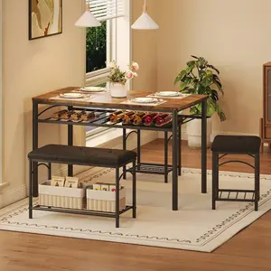 Garvee Juego de Mesa de Comedor para 4, Mesa de Cocina con Banco tapizado y 2 taburetes, Juego de Mesa de Cocina de 4 Piezas con Estante de Almacenamiento y Marco de Metal para Espacio pequeño, Mesa de