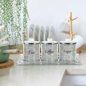 Coffee Sugar Tea Crystal Canister Set of 4,Sparkly Crystal Crushed Diamonds Home Decor,Silver Kitchen Coffee Jar Storage Set with Label & Lid,Storage Container Set for Countertop,Dining Room