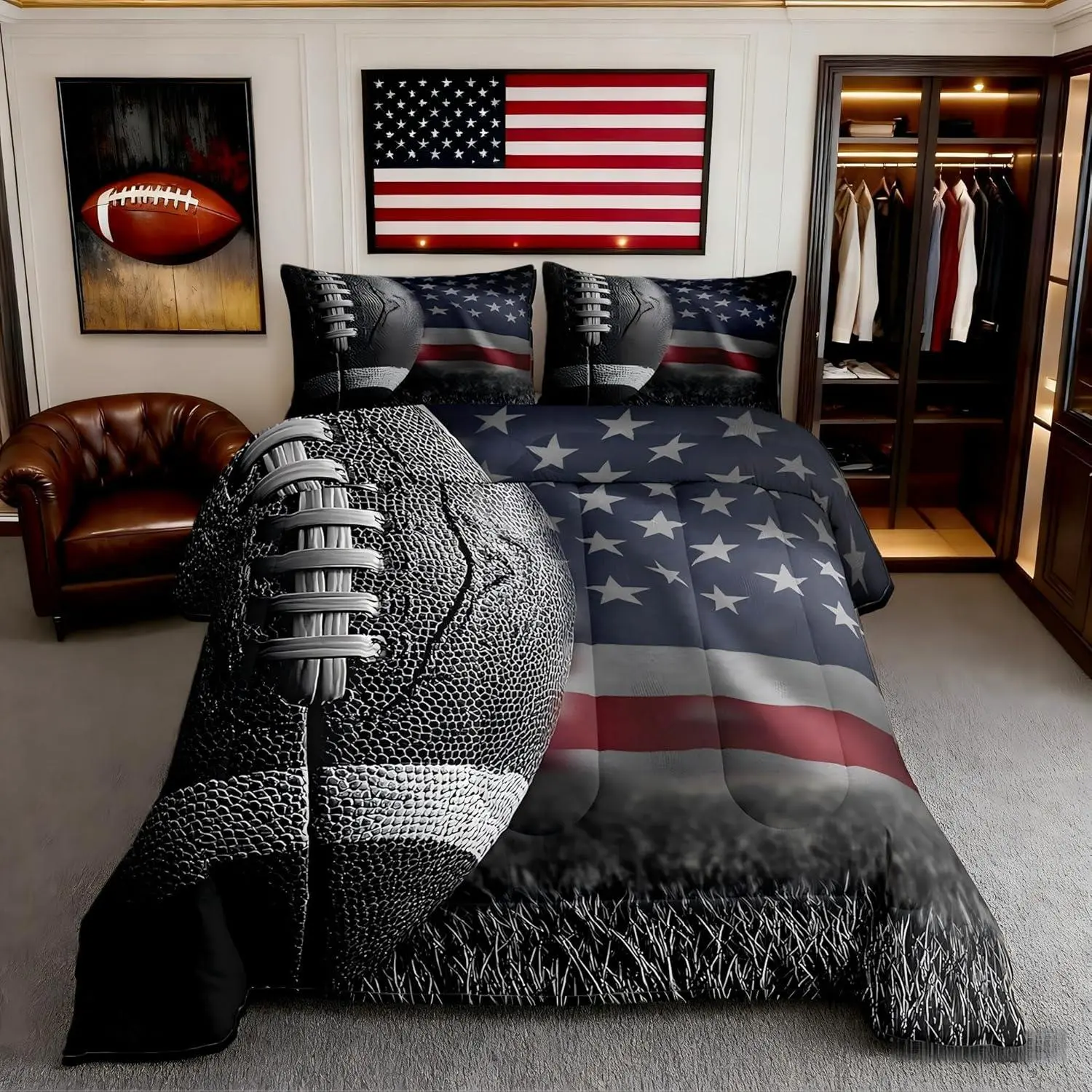 Feelyou Boys' Retro American Flag & Football Bold Graphic Print Polyester Fiber Comforter Set - All Seasons, Lightweight, Warm, Breathable, Multi-Size Bedding, Travel-Ready for Teens Dormitory Use, Casual Cozy Bed Setup
