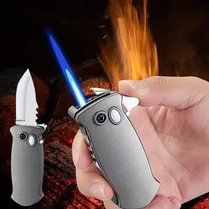 Windproof Torch Lighter with Folding Knife design - Heavy-Duty Metal Construction, Compact Folding pocket knife lighter for Camping, BBQ, Survival, Kitchen - Compatible with Liquid Fuel (Fuel Not Included)  Ideal Outdoor Gift for Men, Hunters, Backpackers