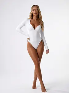 Sexy Deep V Neck Long Sleeve Jumpsuit Bodysuit, Slim Fit Casual Party, All Seasons Fashion, Plain Pattern, Non-Lined