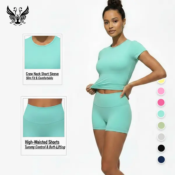 Yizhen Women's Fitted 2-Piece Bodycon Athleisure Set - Round Neck Short-Sleeve Tee & Above Knee Yoga Bottoms, 4-Way Stretch Soft Breathable Quick Dry Everyday Active Sports Clothing