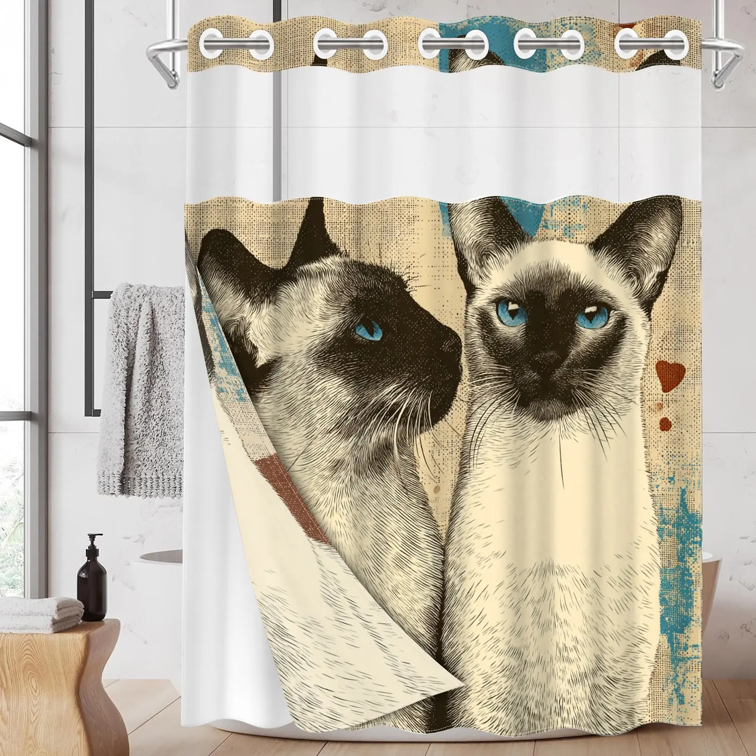 1pc hookless shower curtain with snap fastener, retro-style Siamese cat 2D flat printing, fabric waterproof inner lining shower curtain with transparent window double-layer curtain, 71 x 74 inches, modern home curtain decoration